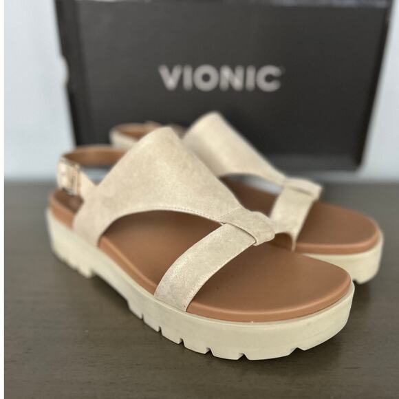 Vionic Leather Comfort Sandals, Alondra Lug, Gold Size 10 – New in Box - Picture 4 of 11